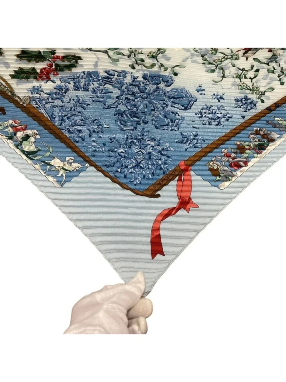 Hermes Pleated Carre 90 Neige D'antan Last Year's Snow Scarf Blue